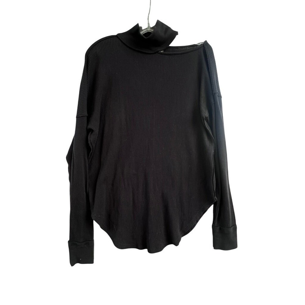We‎ The Free Free People Black Ribbed Thermal Cutout Shoulder Mock Neck Top SZ M